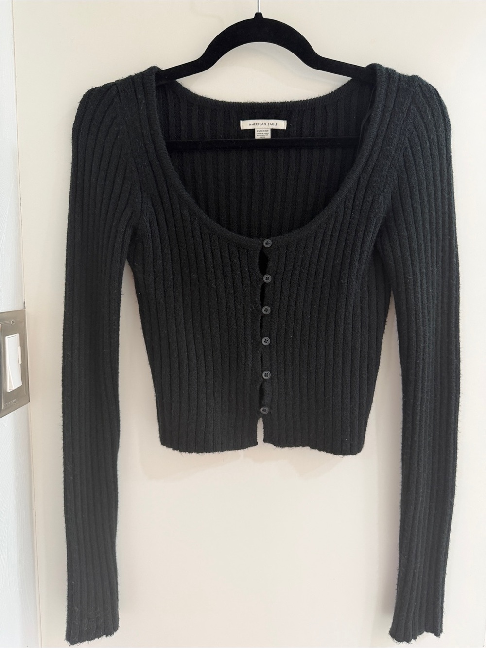 American Eagle Outfitters Black Ribbed Crop Button Cardigan